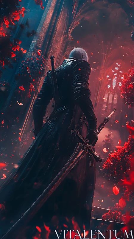 Figure with swords stands in red-lit cathedral interior