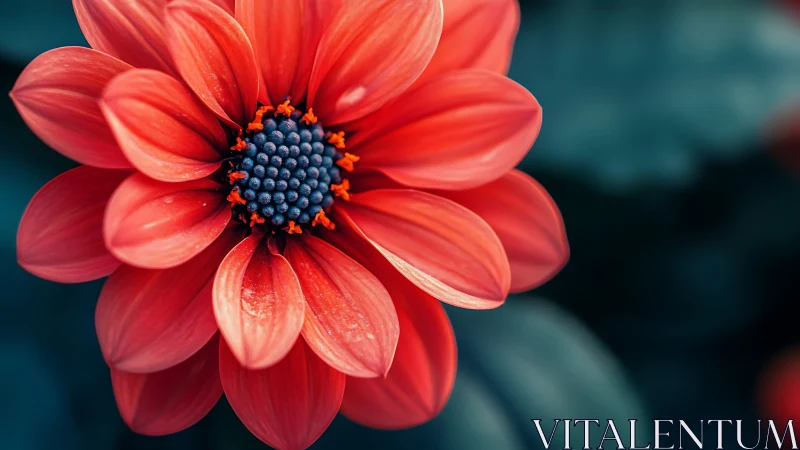 Red Dahlia Bloom. Bold Petals Frame Deep Blue Stamen Center.