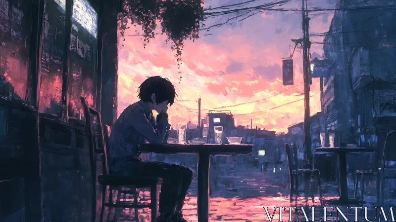 Solitary figure at outdoor café against urban sunset sky.