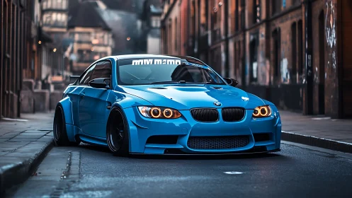 Photorealistic widebody BMW coupe on moody urban street at dusk.