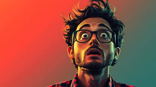 Hyperreal digital portrait of shocked man in dual-tone lighting