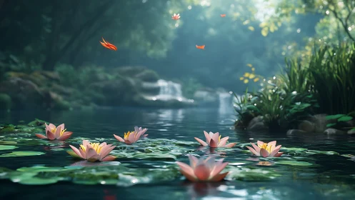 Water lilies on calm forest pond with soft daylight.