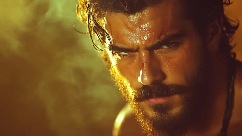 Sweat‑lit warrior portrait studies intense, cinematic resolve