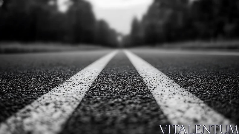 Low-angle monochrome asphalt road with converging lane lines