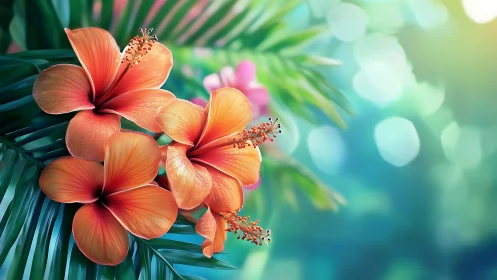 Coral hibiscus blooms with prominent stamens against tropical foliage.