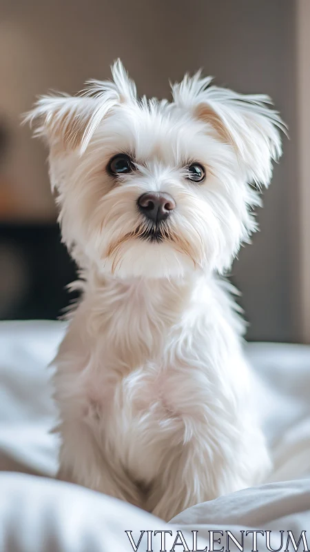 Small white fluffy dog sitting alert on soft white bed.