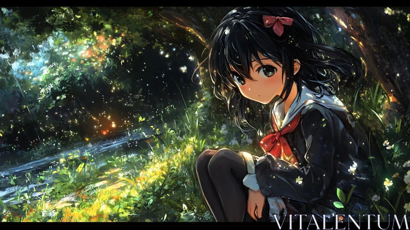 Girl in school uniform sits by forest stream at twilight