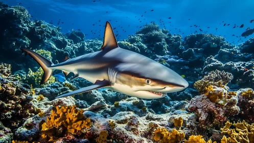 Powerful reef shark glides calmly through a colorful coral world