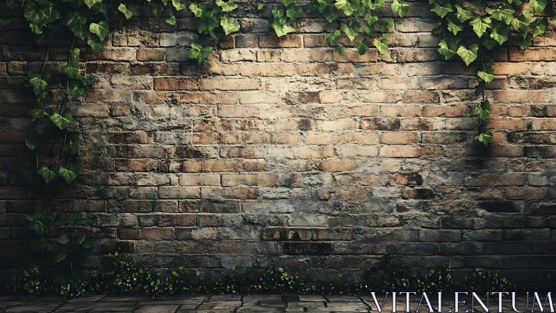 Old brick wall with creeping ivy under soft directional light