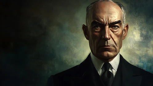 Severe male portrait uses directional lighting and textured brushwork