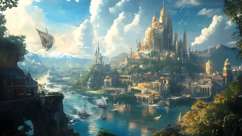 Golden spired fantasy city rises above a wide river valley