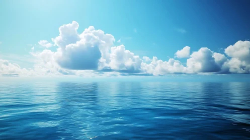 Calm open ocean under bright sky with white clouds.