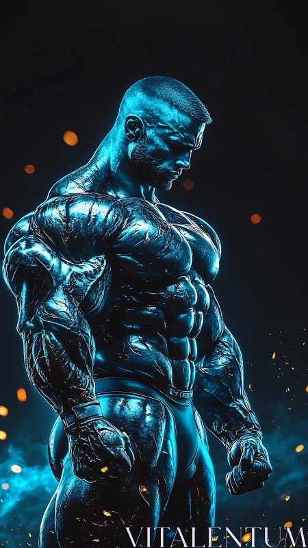 Cybernetic bodybuilder radiates molten blue power