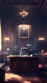 Wood-paneled executive office with portrait and desk.