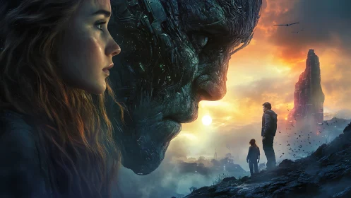 Human profile and biomechanical face in dusk landscape.