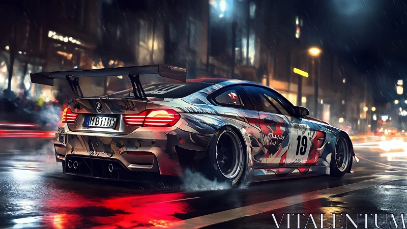 Racing BMW sports car drifting through wet city street.