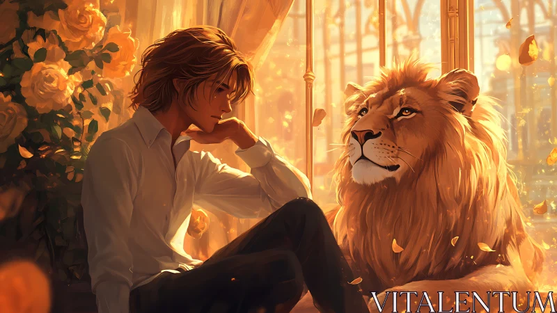 Sunlit confidants: a pensive boy and his golden lion.