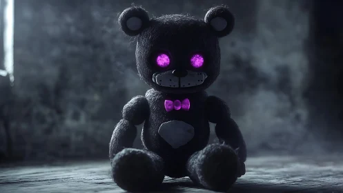 3D horror teddy bear with neon eyes in cinematic chiaroscuro.