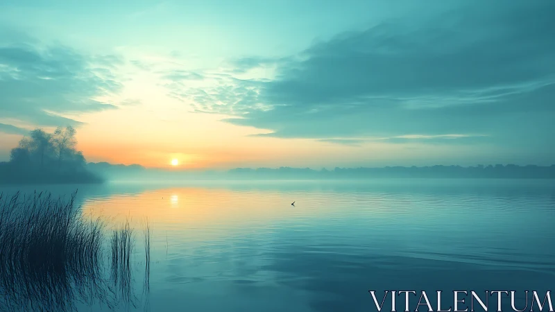 Mistlit sunrise drifts over tranquil teal mirrored lake horizon.