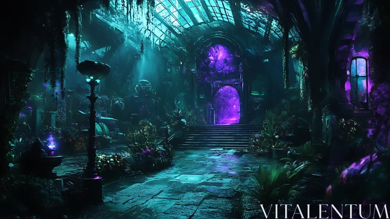 Bioluminescent glasshouse hall with arcane portal illumination.