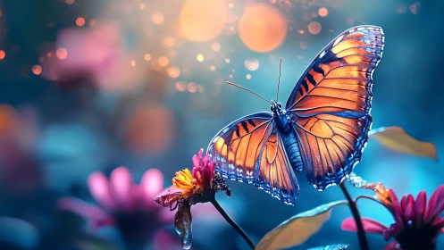 Twilight wings unfurl as a sapphire garden quietly glows