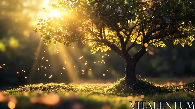 Backlit flowering tree captures golden-hour volumetric light