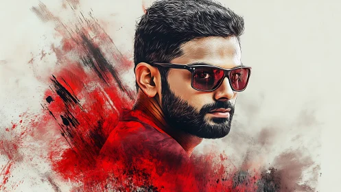 Stylized male portrait merges realism with dynamic paint splashes