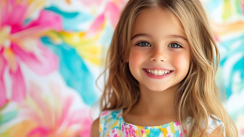 Smiling girl with blonde hair against vibrant floral background.