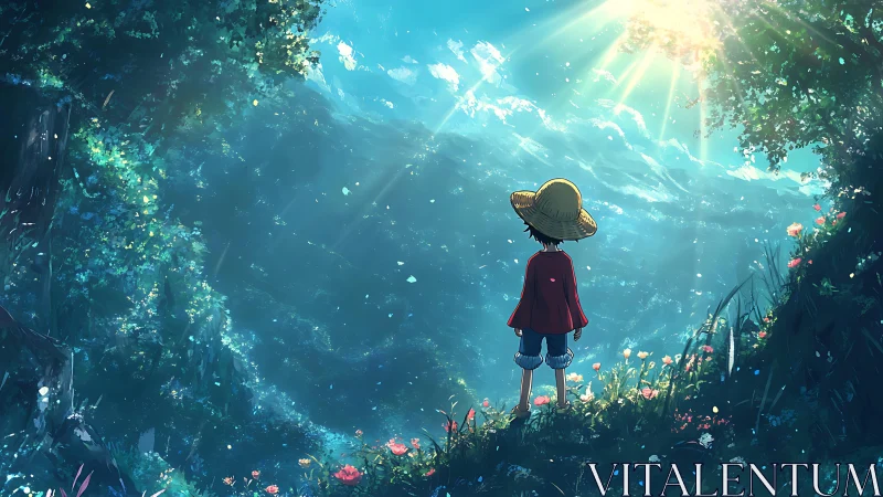 Sunlit valley vista before straw-hatted child explorer.