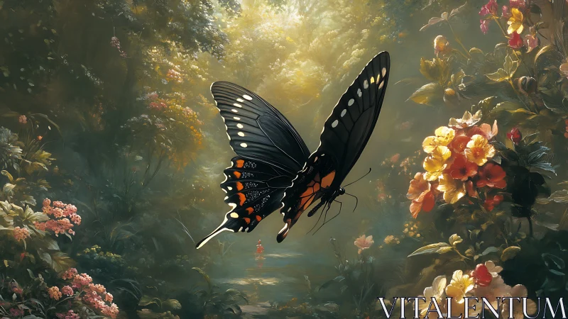 Black swallowtail butterfly drifts through glowing forest garden