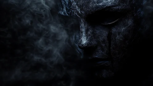 Shadowed stone face with quiet tears in the drifting dark.