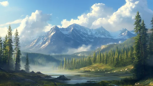 Morning mist tiptoes across a sunlit alpine valley