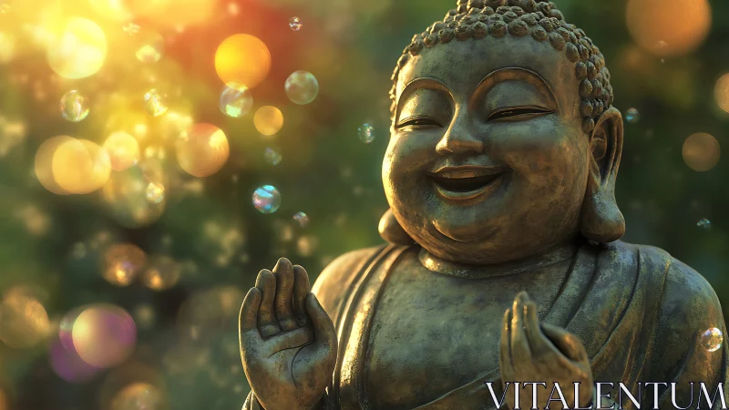 Laughing Buddha statue glows amid soft bokeh orbs