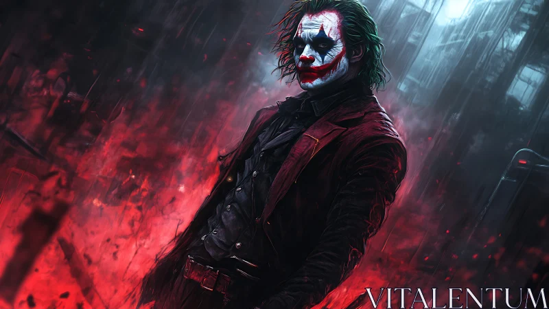 Sinister clown figure stalks through neon smoke and rain