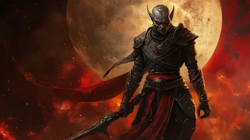 Armored vampiric warlord strides before a burning blood moon