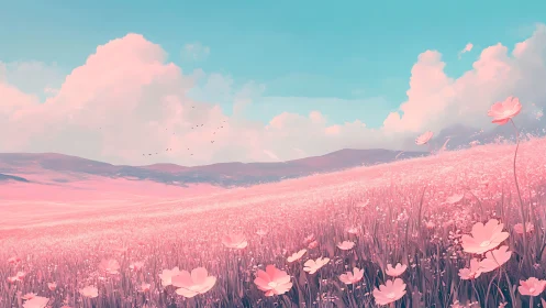 Pink flower field slopes under clear cyan sky with clouds