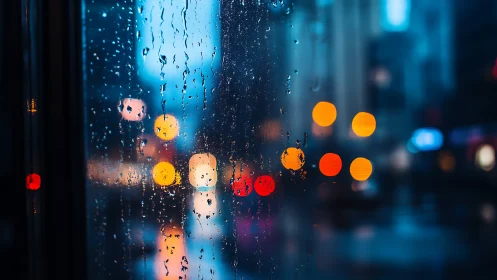 Rain streaks on window reveal blurred urban night lights