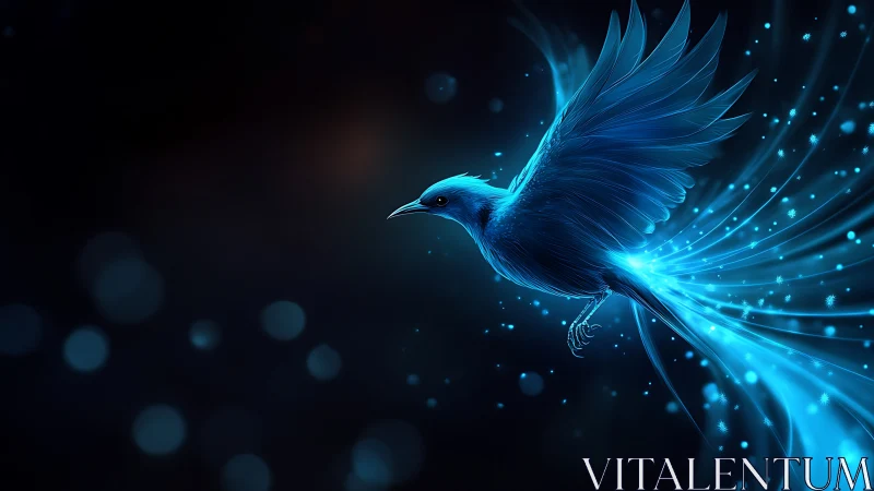 Luminous blue bird glides through dark void trailing light