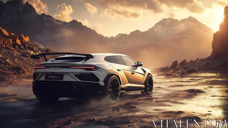 High-performance SUV on rugged alpine track at golden hour