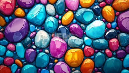 Multicolored glossy pebble-like shapes in dense arrangement.