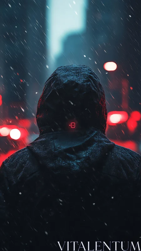 Neon rain cloaks a lone hooded figure in cyber dusk.