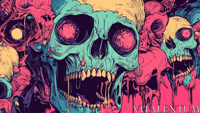 Neon skull cluster with liquefied forms and toxic gradients.