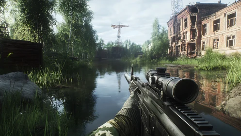 Rifle scope view over flooded urban ruins and trees.