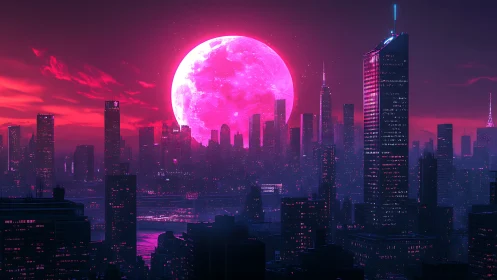 Neon magenta moonrise over futuristic high-rise skyline.