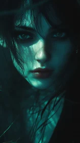 Cyan-lit female portrait renders cinematic nocturnal tension