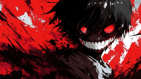 Sinister red-eyed anime figure against violent red field.