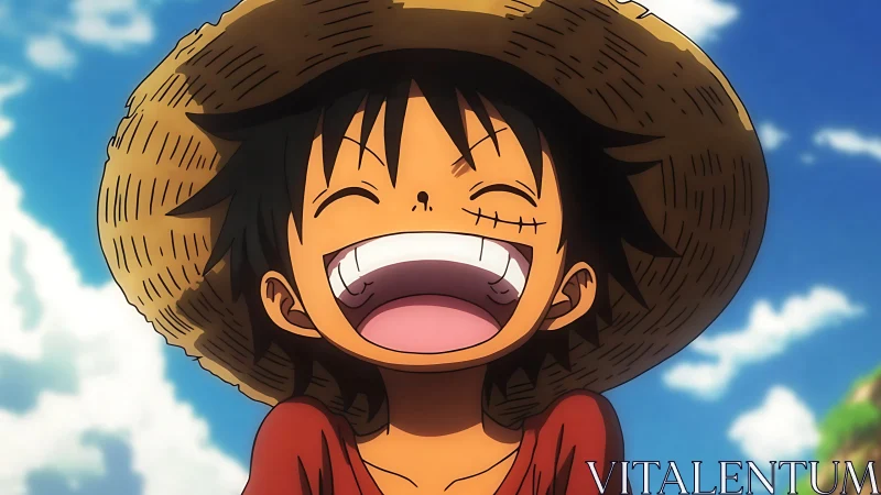 Smiling anime boy wearing straw hat under bright sky