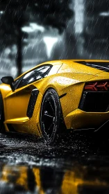 Aerodynamic yellow supercar in dynamic rain-soaked streetscape.