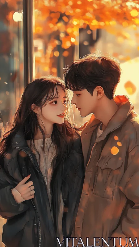 Two figures share a quiet moment beneath warm city lights.