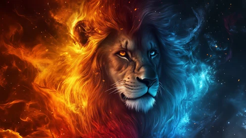 Symmetrical lion portrait divides fiery plasma and cold nebular ice